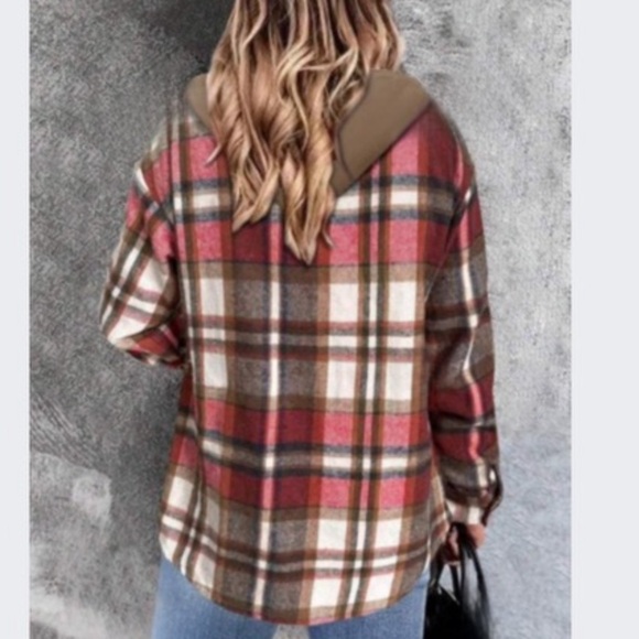 Plaid flannel Shacket hooded button up - Picture 2 of 2